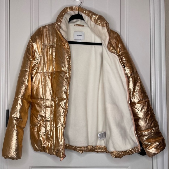 Old Navy Rose Gold Puffer Jacket Small Metallic Ski Street Style - Picture 4 of 8